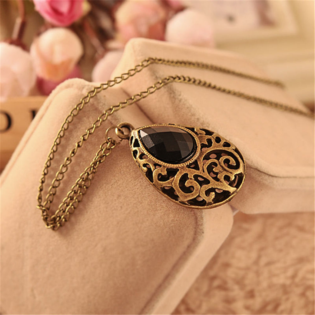 Women Vintage Jewelry Long Chain Waterdrop Carved Pendant Sweater Necklace