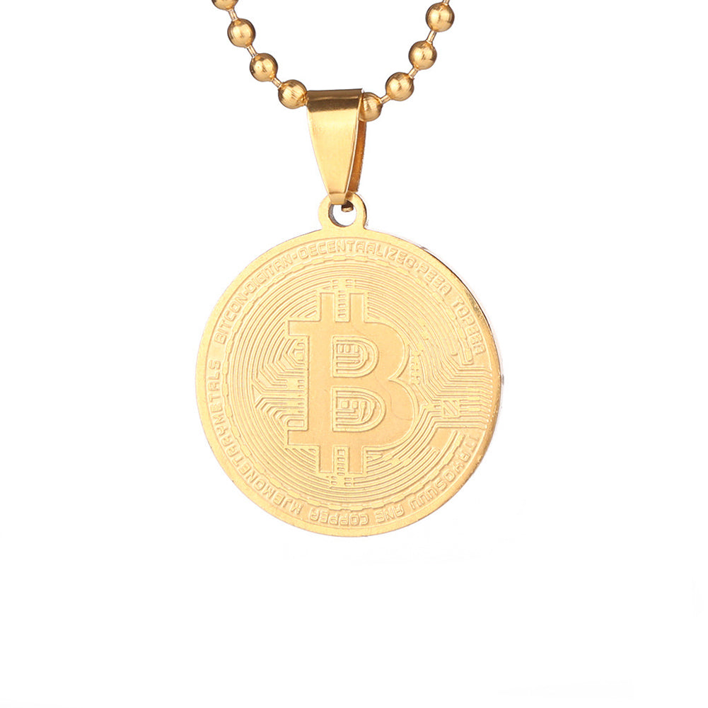 Stainless Steel Commemorative Bitcoin Pendant Bead Chain Unisex Necklace Jewelry