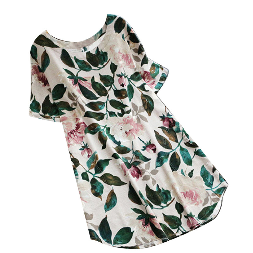 Summer Women Floral Print Short Sleeve Long Shirt Plus Size Loose Mini Dress