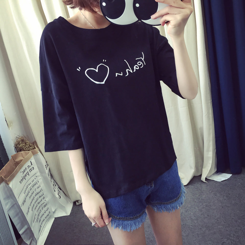 Letter Love Heart Print Women Round Neck Short Sleeve Top Tee Summer T-Shirt