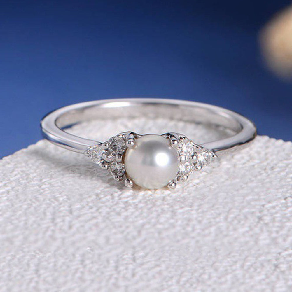 Faux Pearl Rhinestone Inlaid Fashion Women Slim Ring Engagement Proposal Band