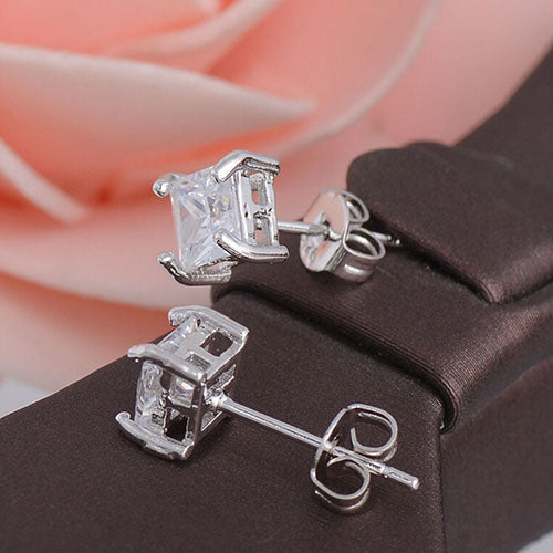 Fashion Women 925 Sterling Silver Clear Square Cubic Zirconia Ear Studs Earrings