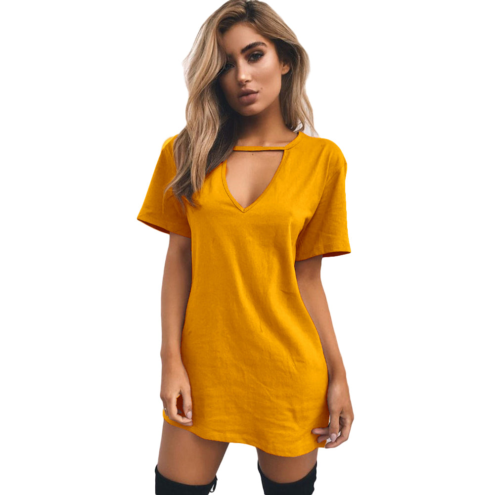 Casual Women Short Sleeve Long T-shirt Tee Dress Solid Color Hollow V-Neck Top