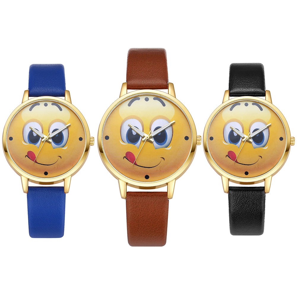 Lady Stylish Lovely Greedy Face Emoji Faux Leather Band Analog Wrist Watch