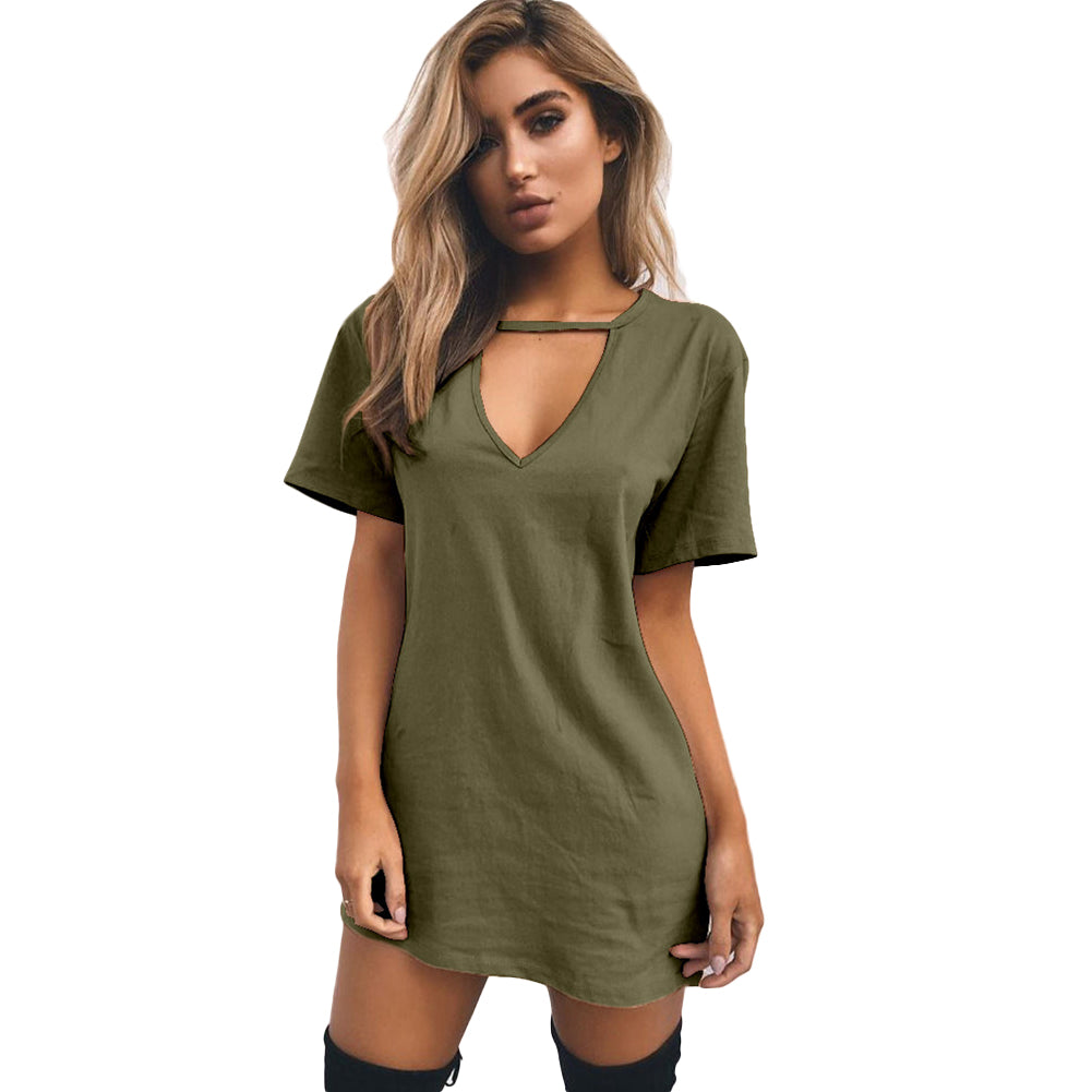 Casual Women Short Sleeve Long T-shirt Tee Dress Solid Color Hollow V-Neck Top