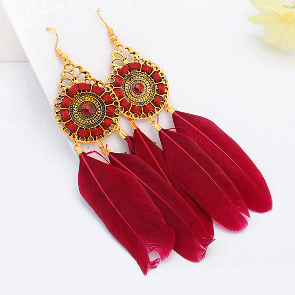 Vintage Women Long Feather Round Hollow Circle Hook Earrings Party Jewelry Gift