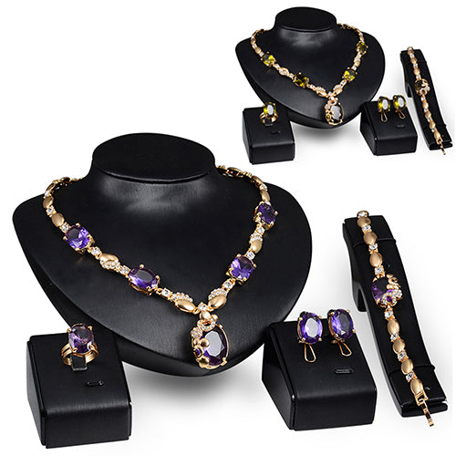 Retro Women Zircon Waterdrop Pendant Necklace Ring Earrings Bracelet Jewelry Set