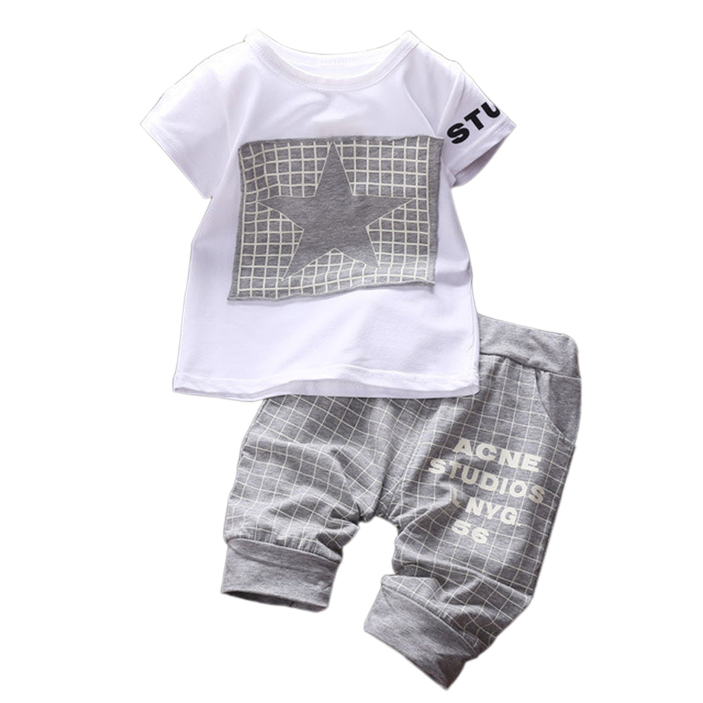 Baby Boy Clothes Set Summer Short Sleeve Star Plaid Print T-Shirt Pants Outfit