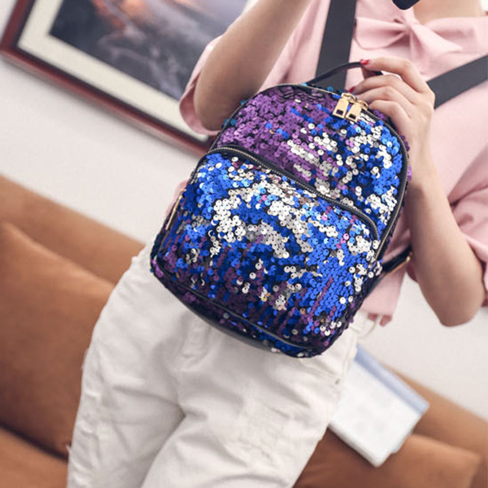 Bling Sequins Travel School Backpack Fashion Women Faux Leather Shoulder Bag