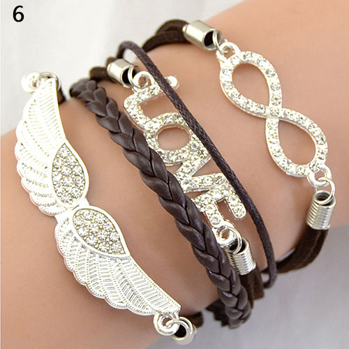 Women's Vintage Infinity Braid Bracelet Love Angel Wing Style Rhinestone Bangle