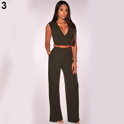 Women's Fashion Casual Deep V-Neck Sleeveless Wide Leg Jumpsuit Romper with Belt