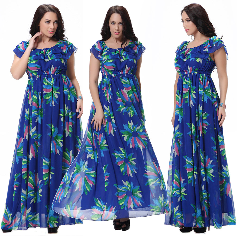 Women's Fashion Summer Chiffon Sleeveless Big Swing Floral Print Long Maxi Dress