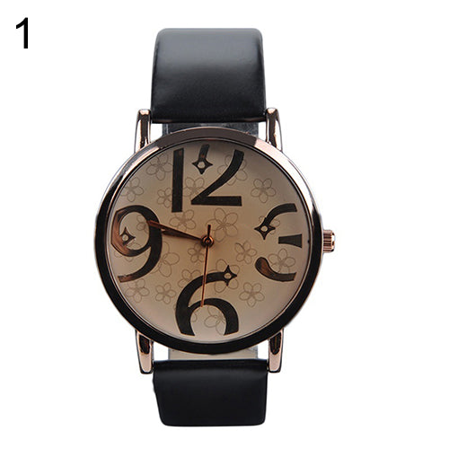 Women's Casual Flowers Big Numbers Dial Faux Leather Strap Quartz Wrist Watch