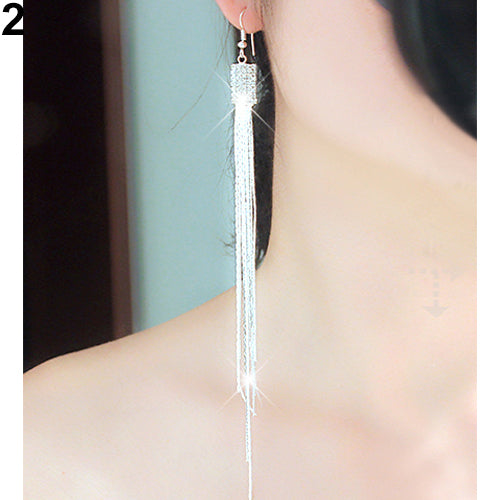 Women's Square Rhinestone Drop Long Tassels Chain Hook Dangle Party Linear Earrings