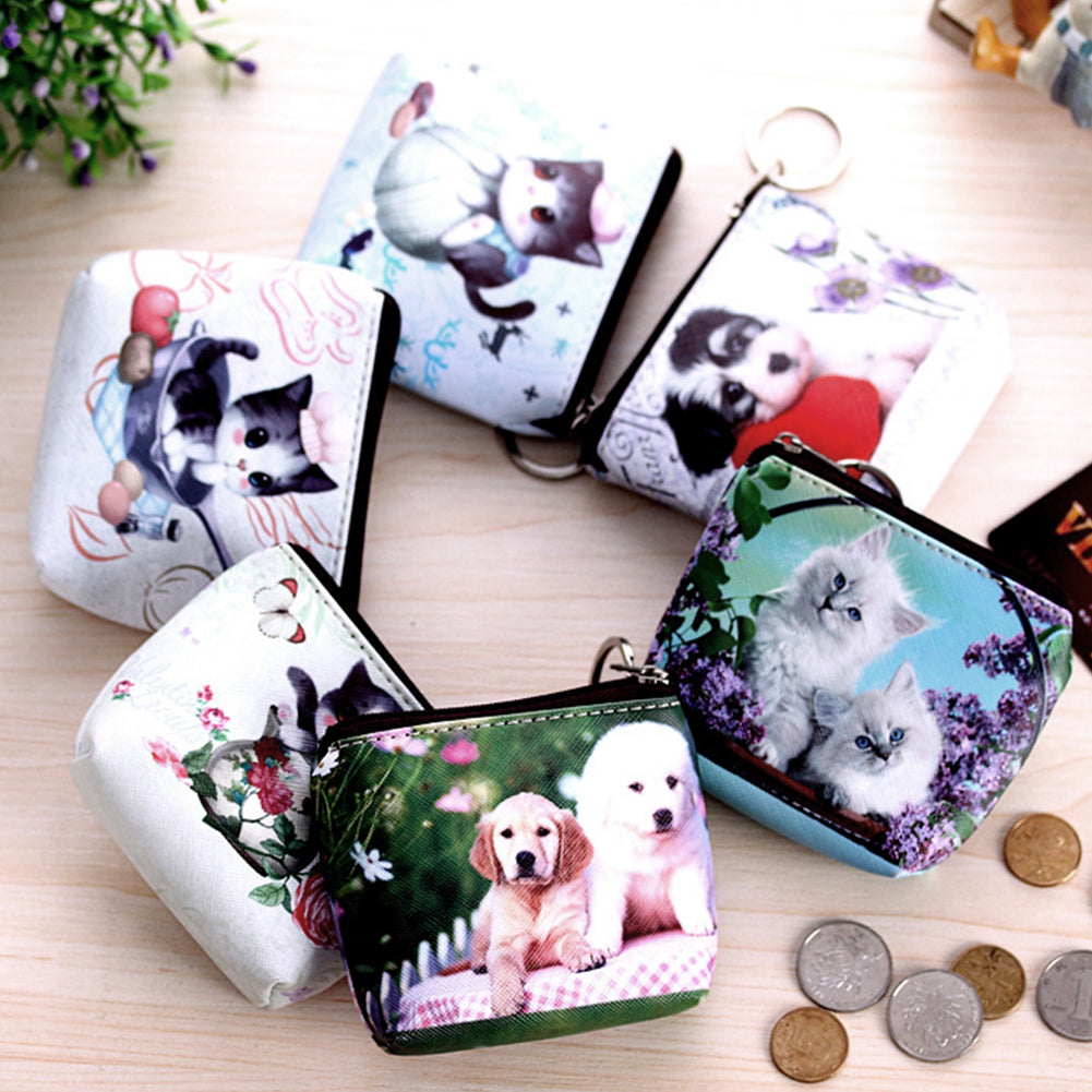 Women Girl Cute Dog Cat Faux Leather Clutch Short Coin Purse Zipper Wallet Gift