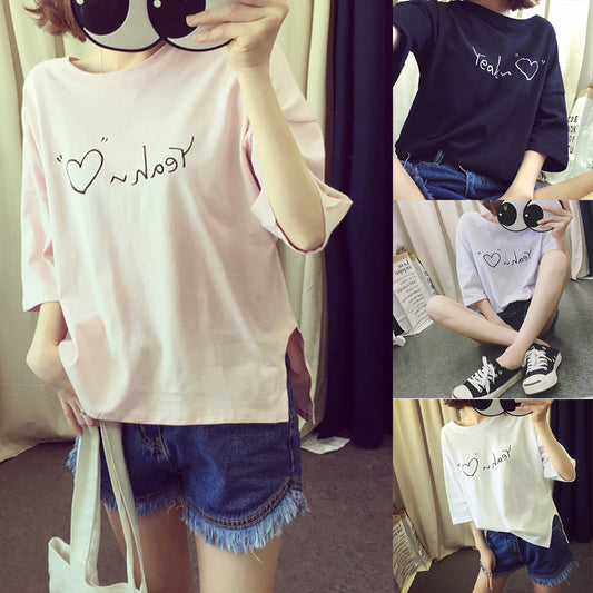 Letter Love Heart Print Women Round Neck Short Sleeve Top Tee Summer T-Shirt
