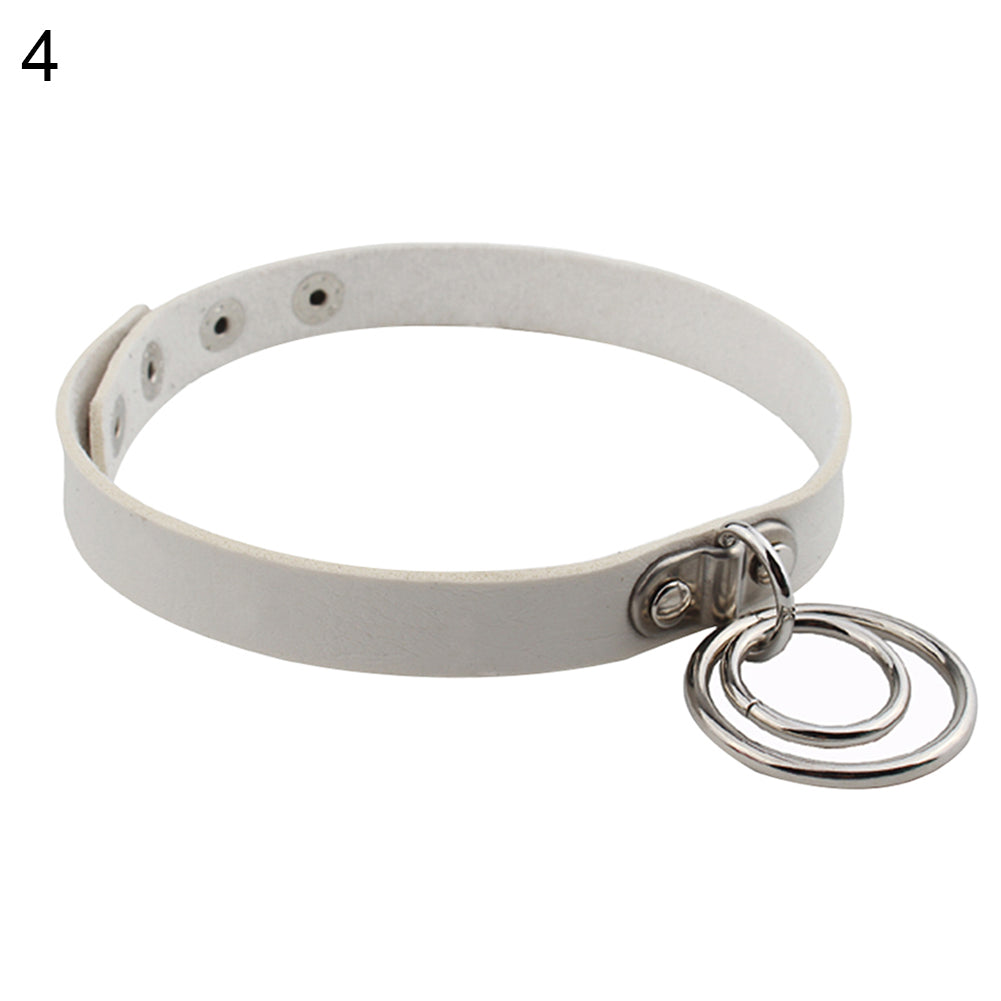 Lady Fashion Punk Choker Double Rings Pendant Faux Leather Short Collar Necklace