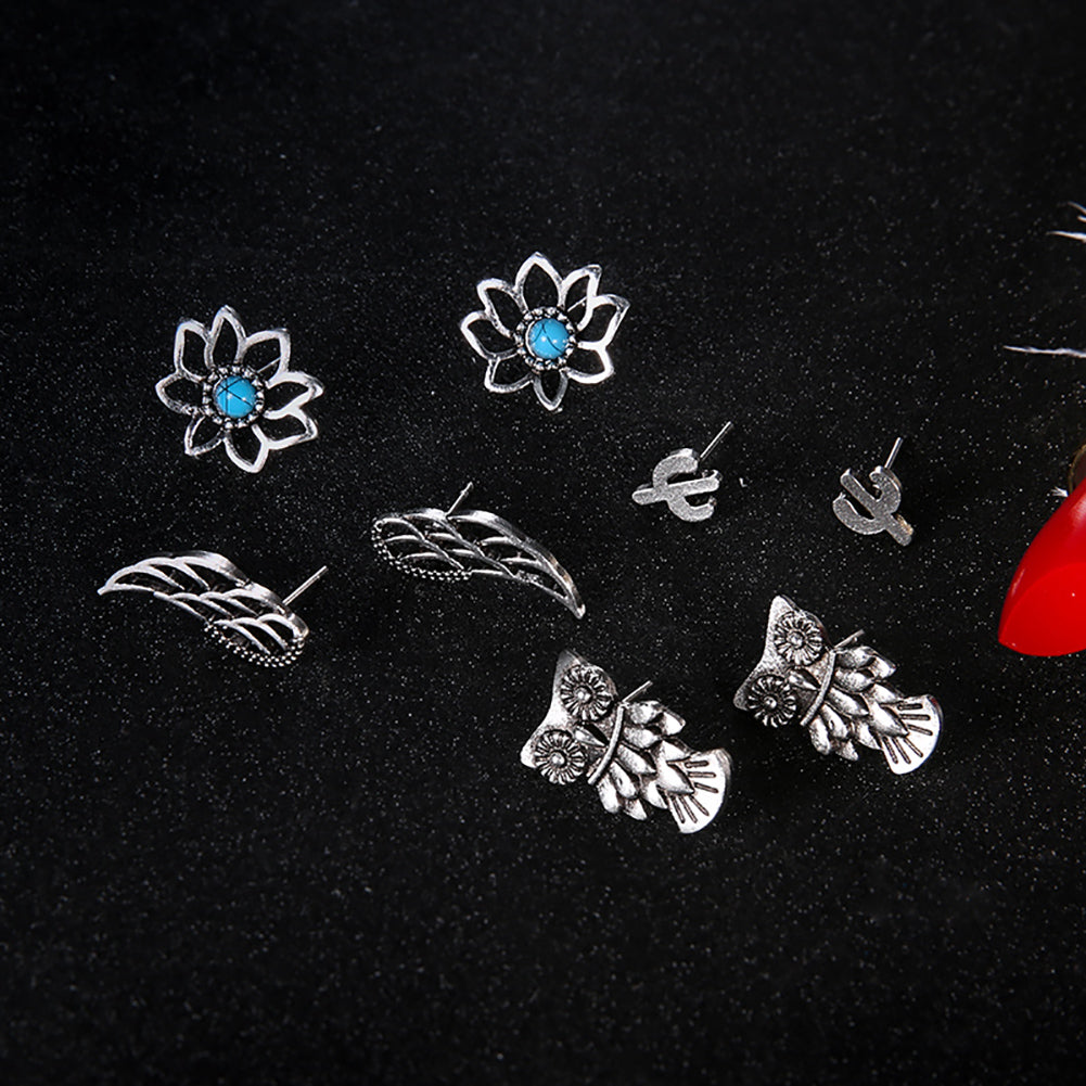 4 Pairs Vintage Hollow Owl Flower Cactus Ear Stud Earrings Women Girl Jewelry