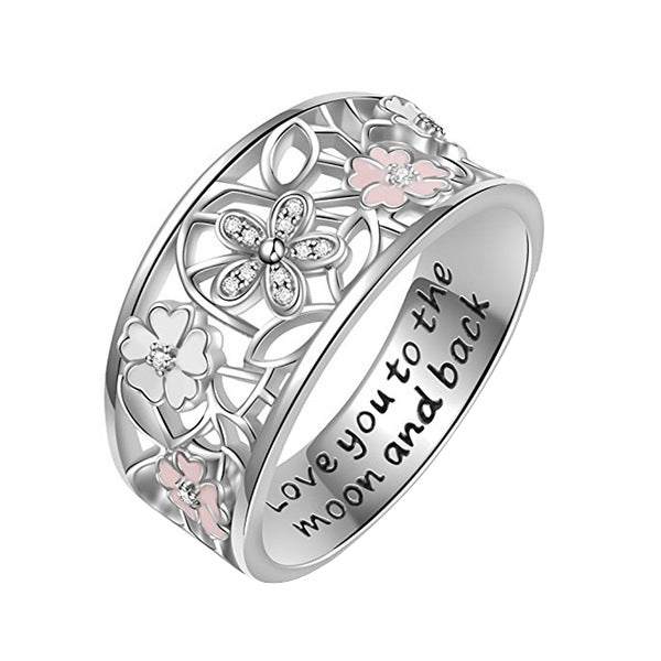 Women Fashion Hollow Flower Letters Rhinestones Ring Jewelry Birthday Gifts