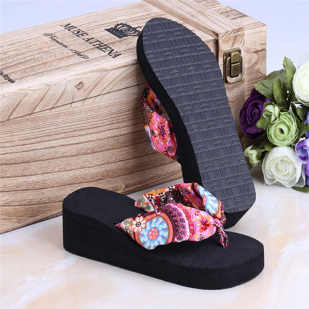 Women Summer Beach Soft Wedge Shoes Bohemia Flip Flops Flat Platform Slippers