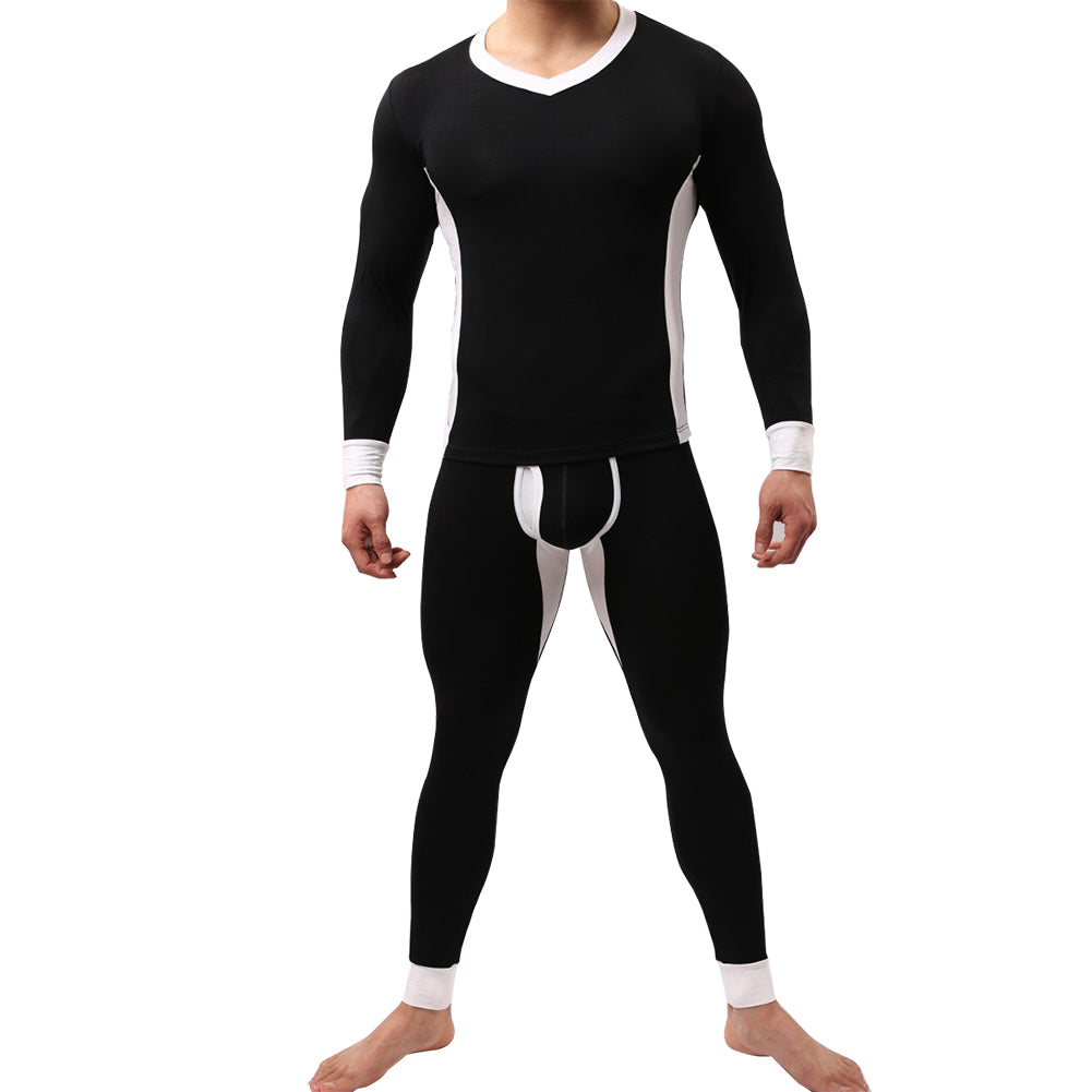 Winter Men Ultra Soft Color Block Thermal Underwear Set Top T-Shirt + Long Pants