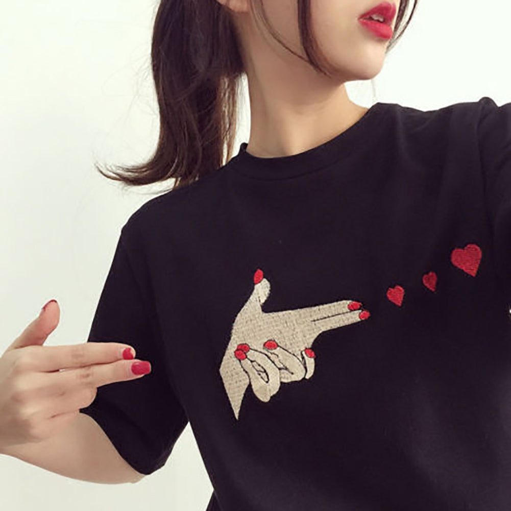 Women Summer Fashion Causal Finger Heart Hand Short Sleeves T-shirts Blouse