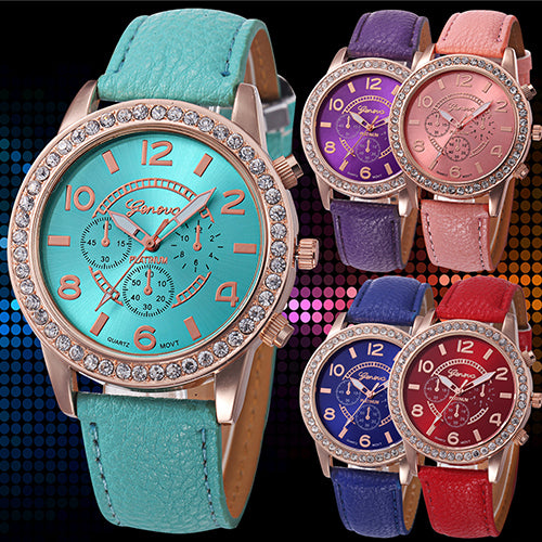 Fashion Women Geneva Rhinestone Big Dial Faux Leather Analog Wrist Watch Gifts