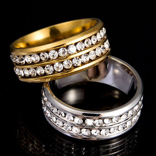 Womens Mens Fashion Double Rows Rhinestones Titanium Steel Wedding Jewelry Ring