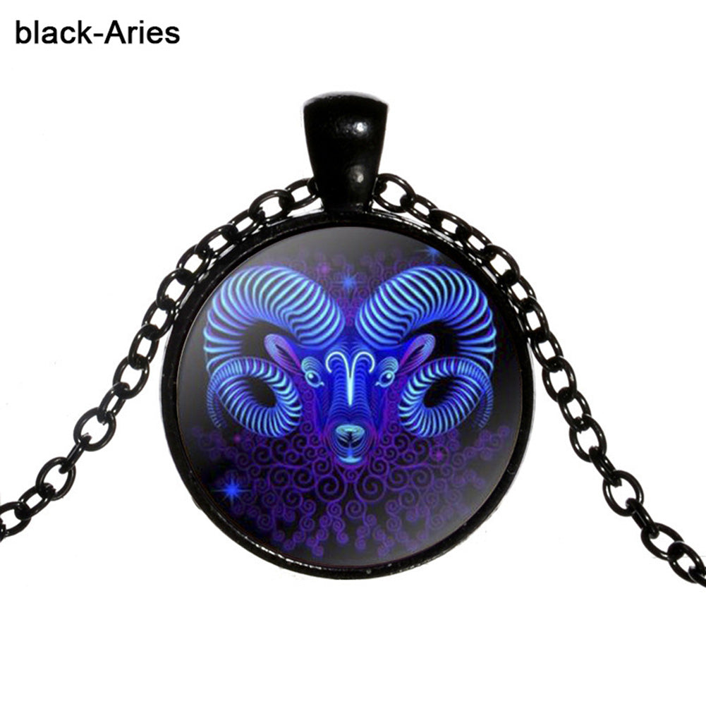 Women Retro Round Twelve Constellations Pendant Sweater Chain Necklace Jewelry