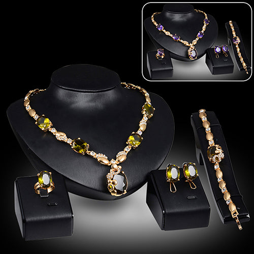 Retro Women Zircon Waterdrop Pendant Necklace Ring Earrings Bracelet Jewelry Set