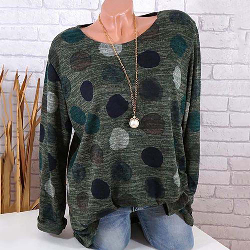 Fashion Dot Printed Round Neck Long Sleeve Women Casual Pullover T-shirt Top