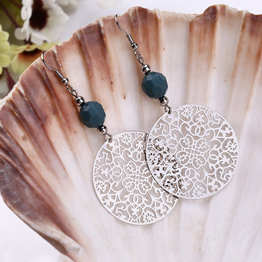 Vintage Women Hook Earrings Big Hollow Round Flower Bead Pendant Party Jewelry