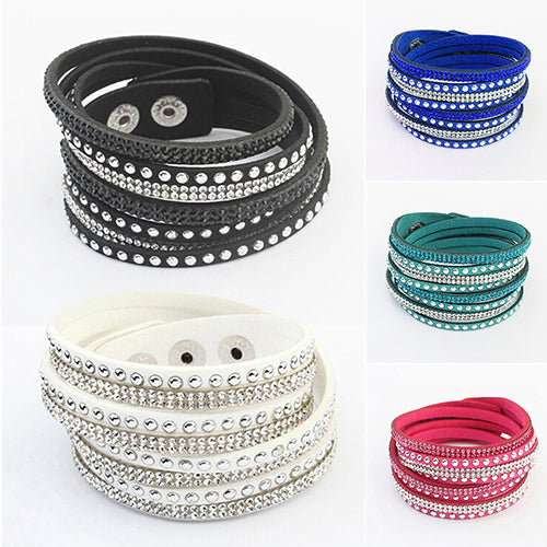 Women's Multilayer Faux Leather Punk Rhinestone Cuff Bracelet Bangle Wristband