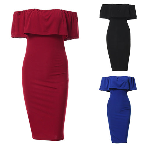 Women Off the Shoulder Ruffled Collar Bodycon Package Hip Party Club Sexy Dress