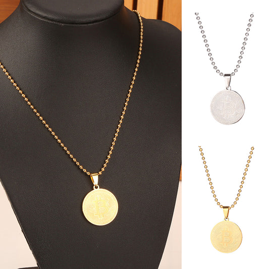 Stainless Steel Commemorative Bitcoin Pendant Bead Chain Unisex Necklace Jewelry
