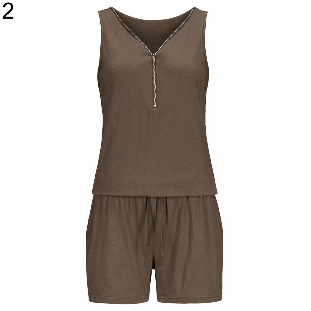 Sexy Women Beach Zipper V-Neck Sleeveless Slim Jumpsuit Romper Playsuit Shorts