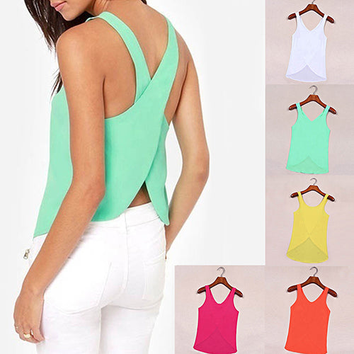 Women Candy Color Sexy Chiffon Cross Back Sleeveless Summer Casual Tank Top