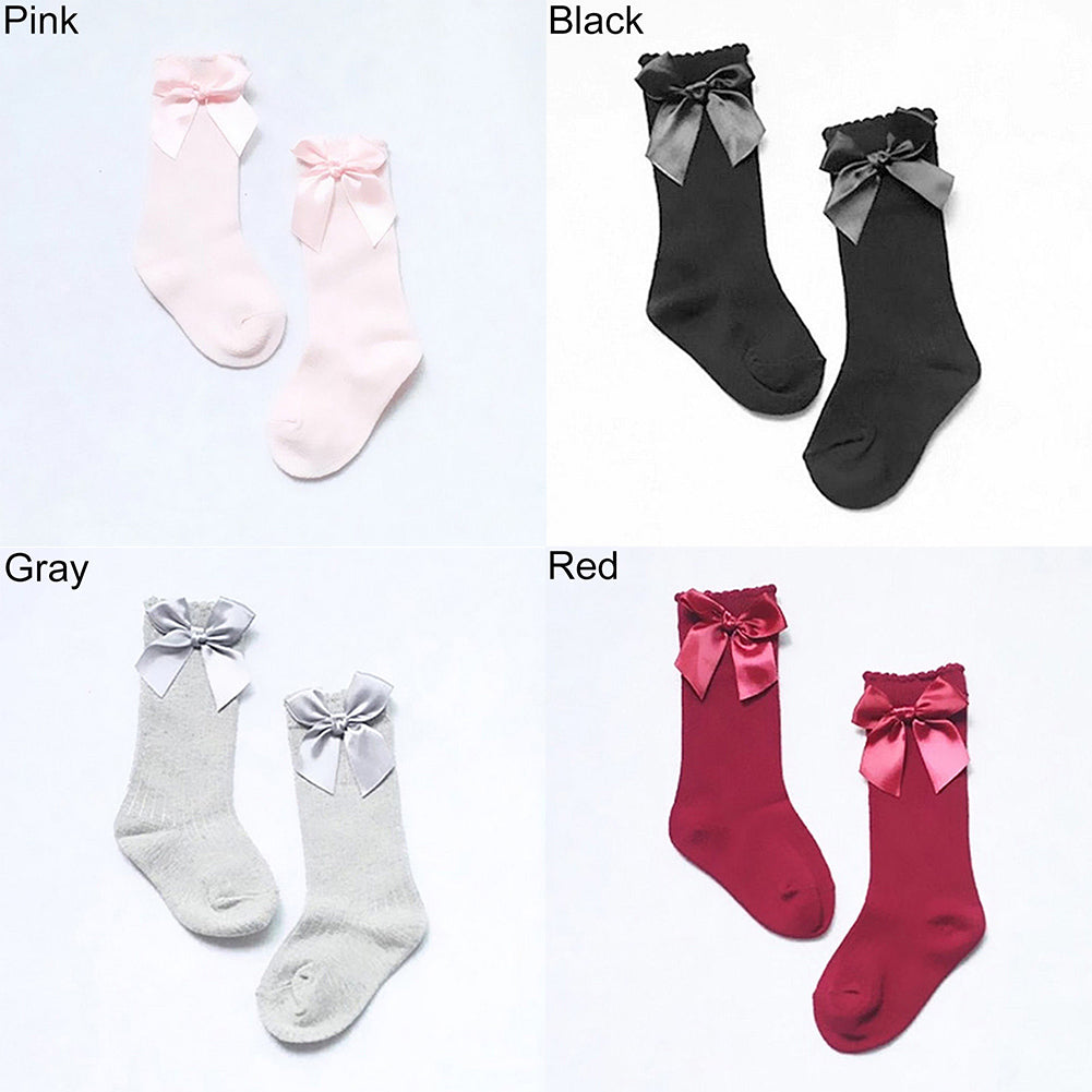 Toddler Baby Girls Bowknot Knee High Sweet Solid Color Cotton Princess Socks