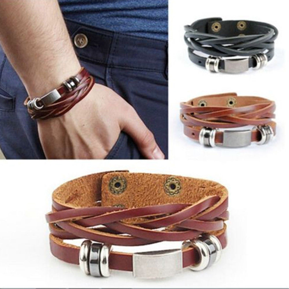 Vintage Men's Women's Faux Leather Multilayer Bracelet Bangle Wristband Jewelry