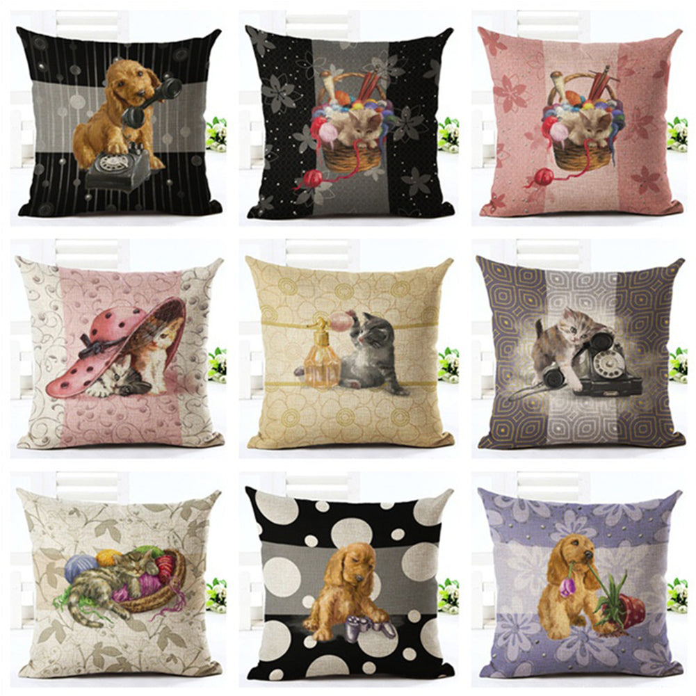 Cat Dog Pattern Linen Throw Pillow Case Sofa Bed Home Car Decor Cushion Cover
