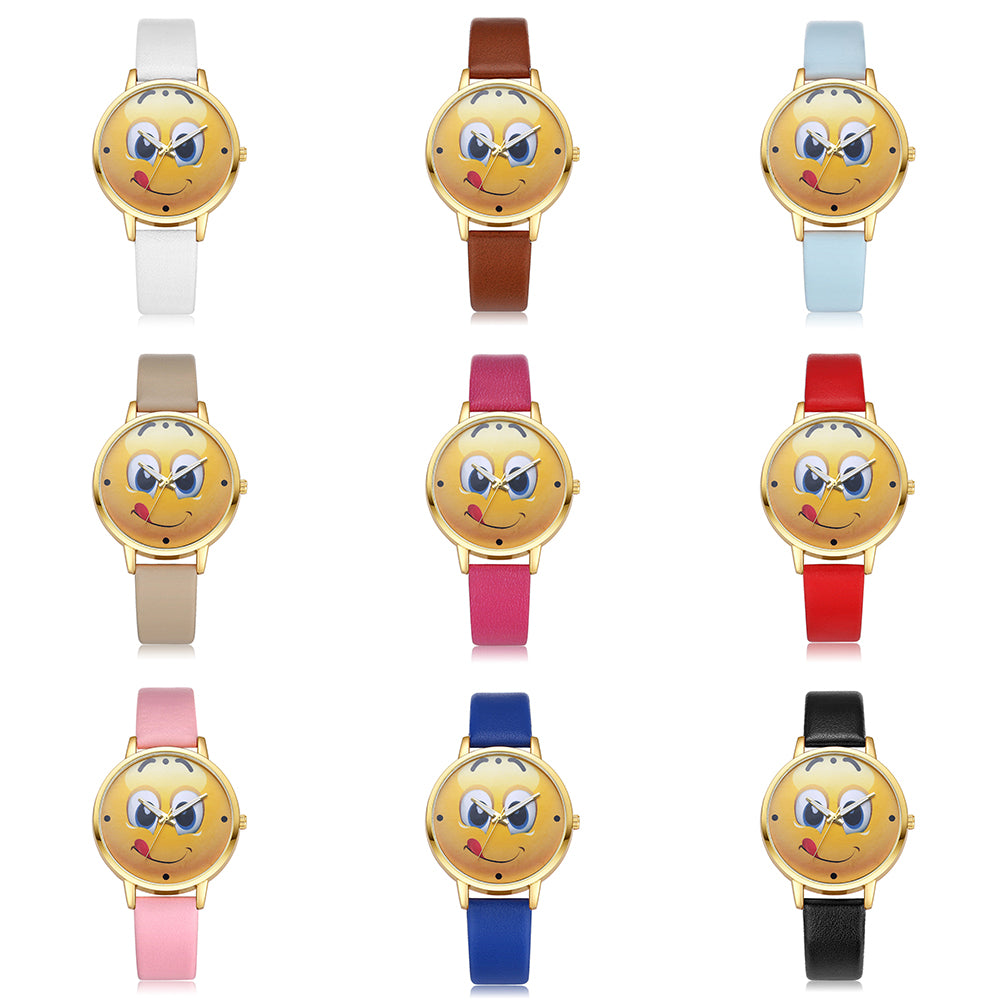 Lady Stylish Lovely Greedy Face Emoji Faux Leather Band Analog Wrist Watch