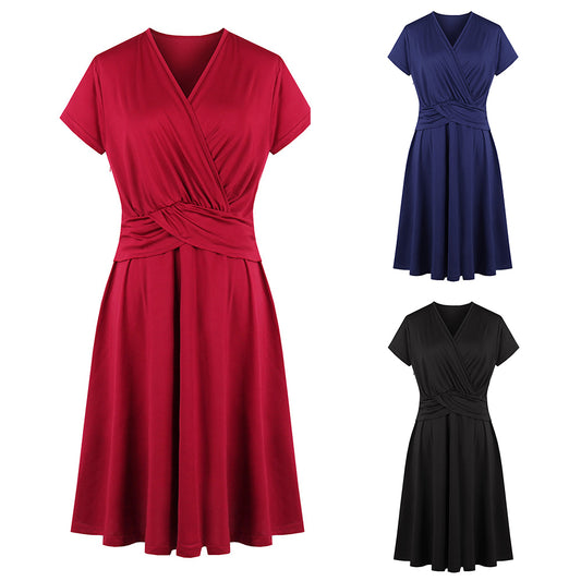 Fashion Women V-Neck Casual Ruched Waist Evening Party Cocktail Swing Dress