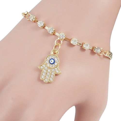 Women Hamsa Fatima Hand Pendant Good Luck Shiny Rhinestone Bracelet Jewelry