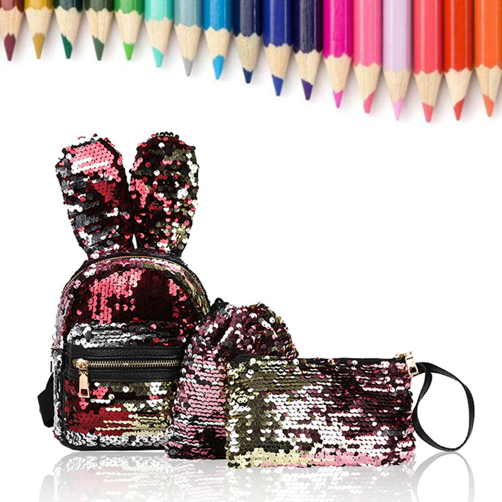 3Pcs Women Sequin Rabbit Ear Fashion Handbag Shoulder Crossbody Bag Pouch