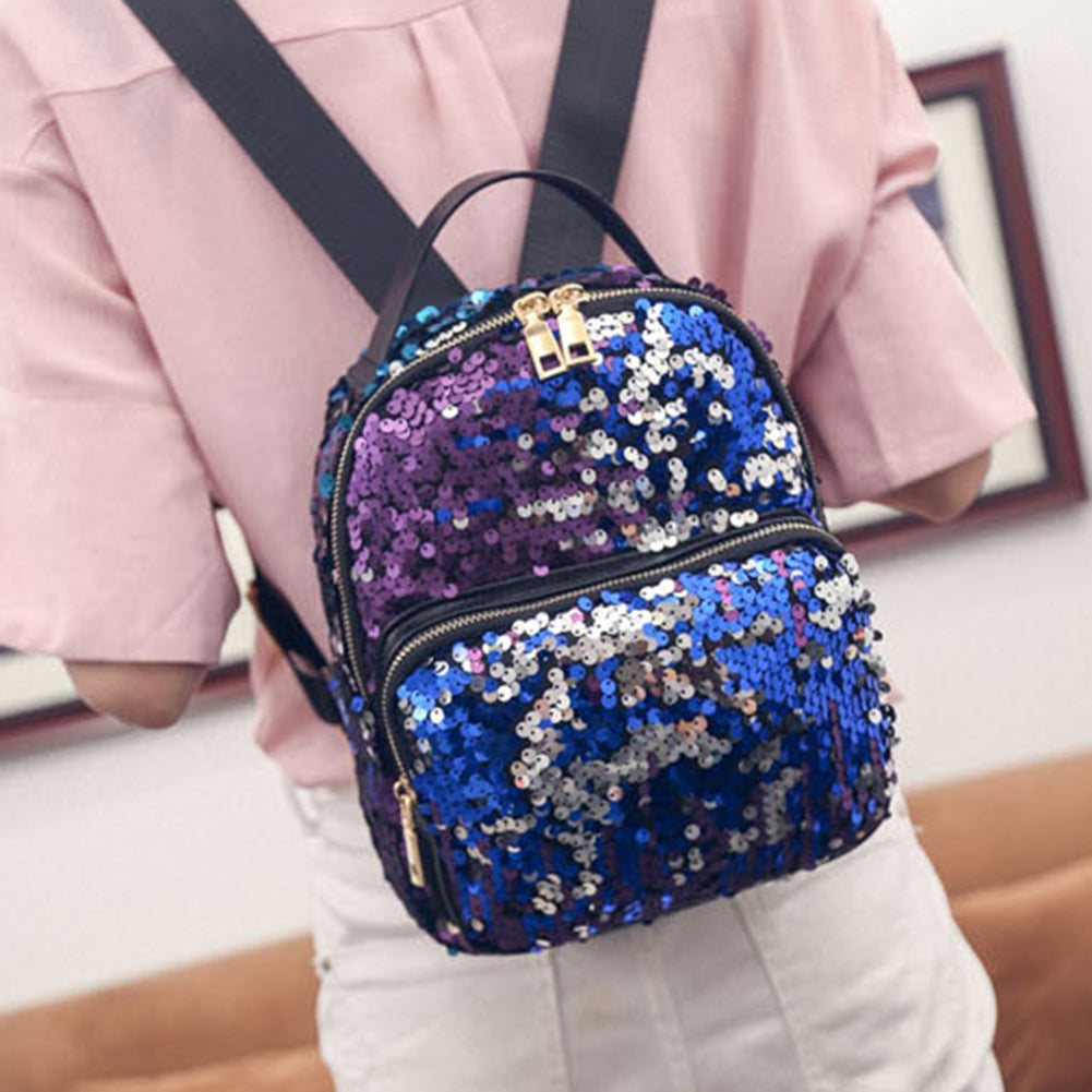 Bling Sequins Travel School Backpack Fashion Women Faux Leather Shoulder Bag