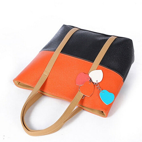 Color Block Faux Leather Messenger Bag Satchel Heart Purse Shoulder Handbag