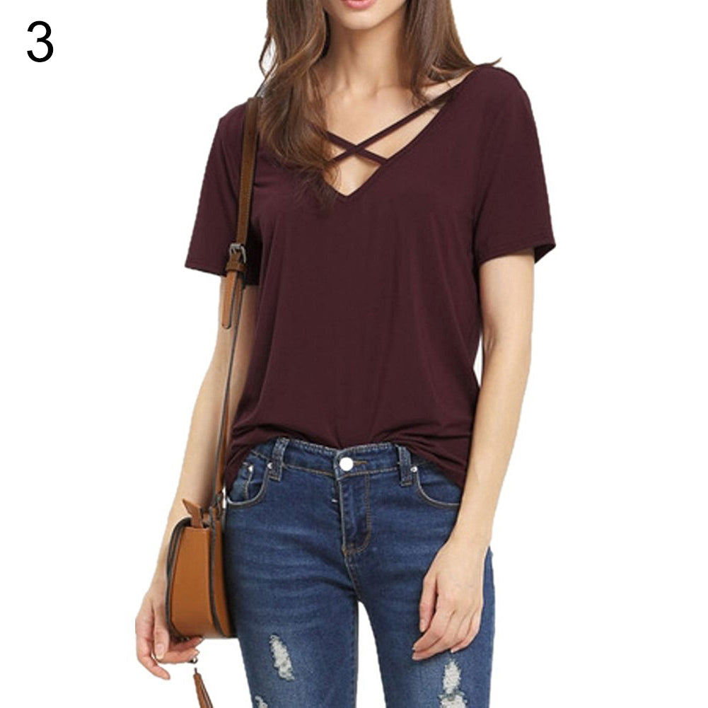 Fashion Women Deep V-neck Crossed Strap Short Sleeve T-shirt Casual Tee Shirt