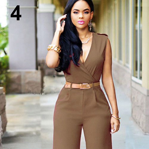 Women Sleeveless V-Neck High Waist Wide Leg Romper Pants Jumpsuit with Belt