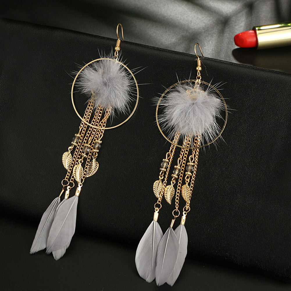 Women Hook Earrings Fur Ball Leaf Fringed Big Ring Long Pendant Feather Jewelry