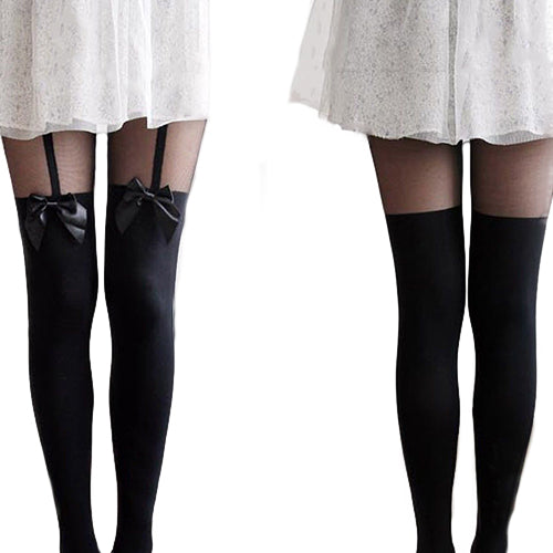 Sexy Women Cute Bowknot Tattoo Tights Stockings False Suspenders Party Pantyhose